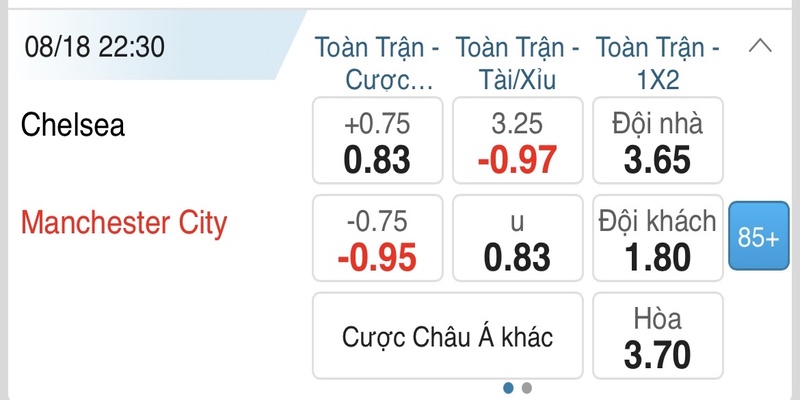 Ví dụ về bảng tỷ lệ cược Asian Handicap